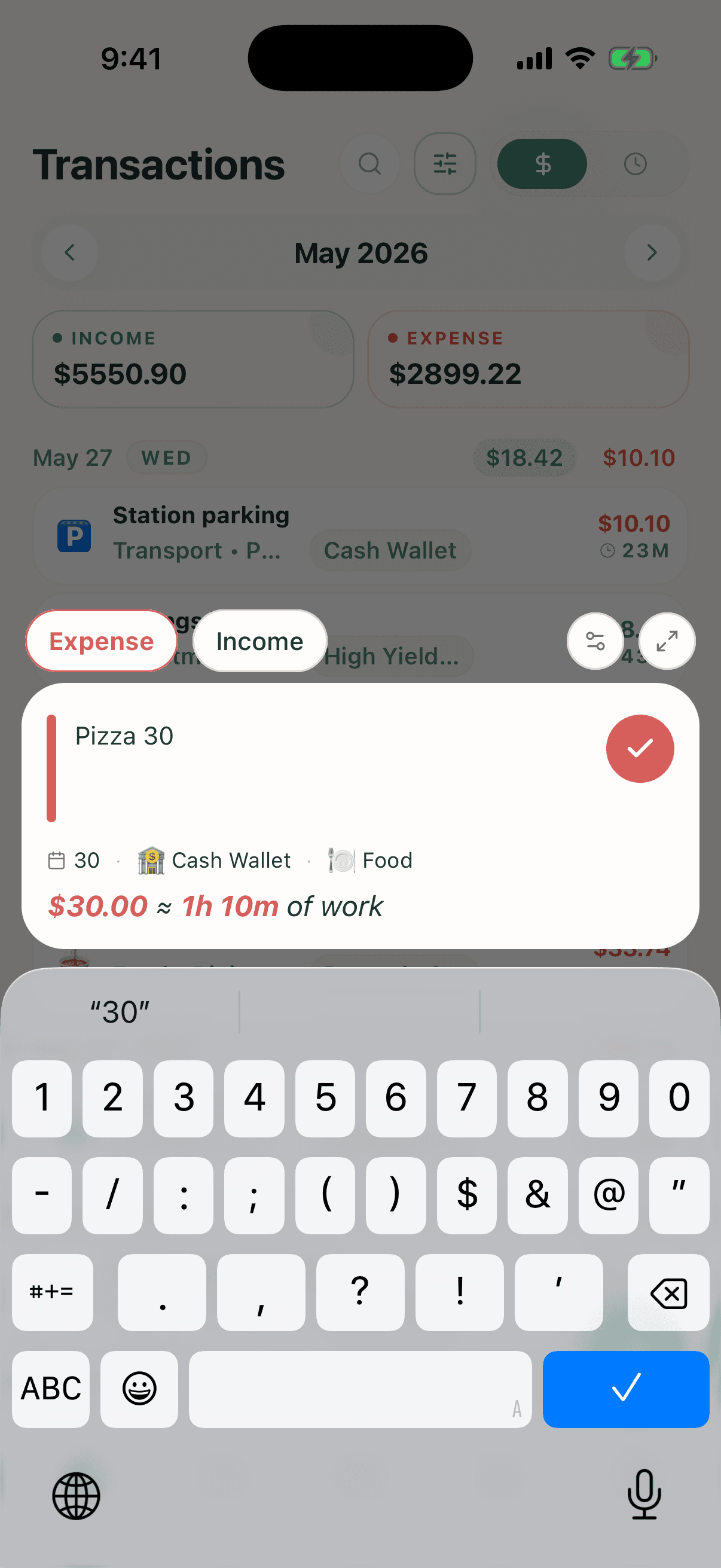 Tangkapan skrin Money2Time yang menunjukkan kemasukan perbelanjaan pantas dengan papan kekunci pada skrin dan input suara