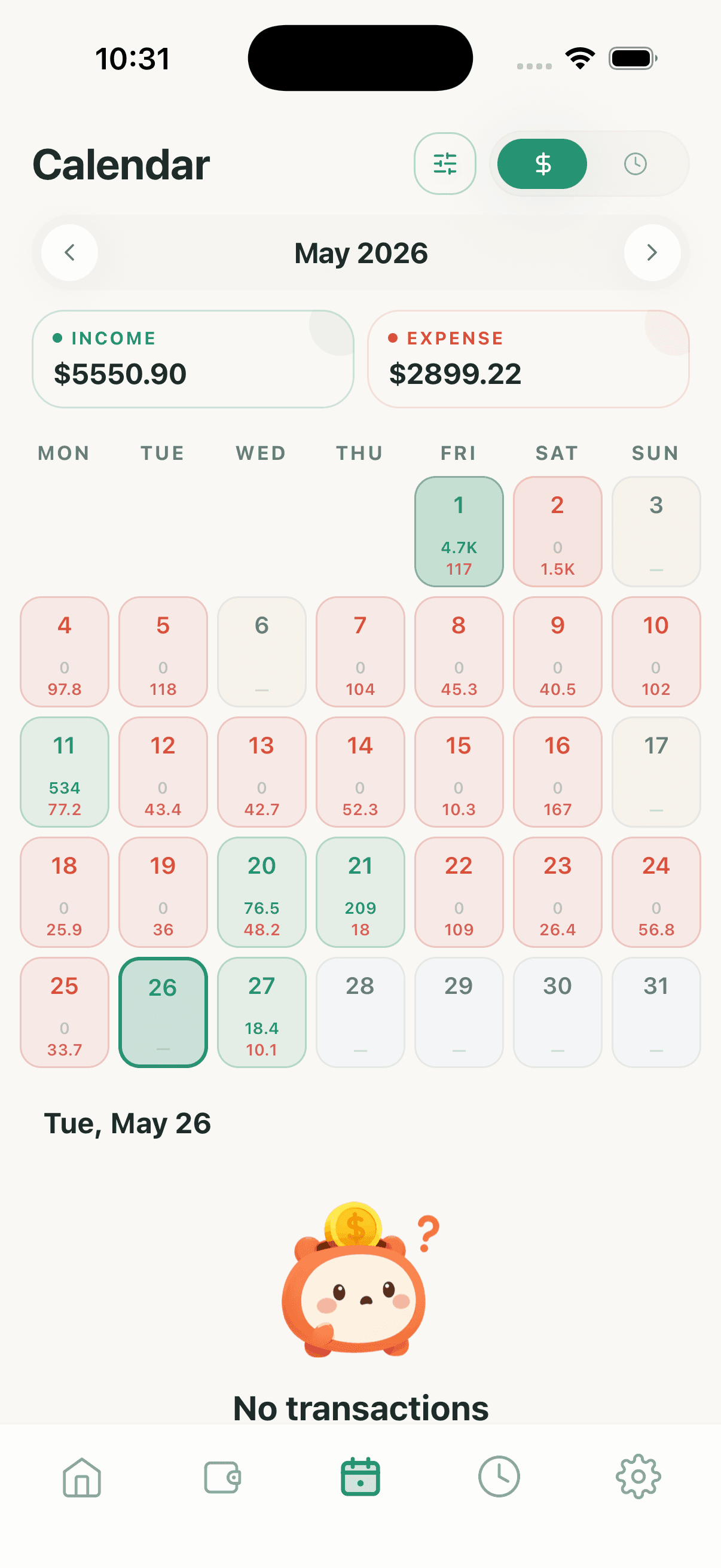 Tangkapan skrin Money2Time yang menunjukkan kalendar perbelanjaan