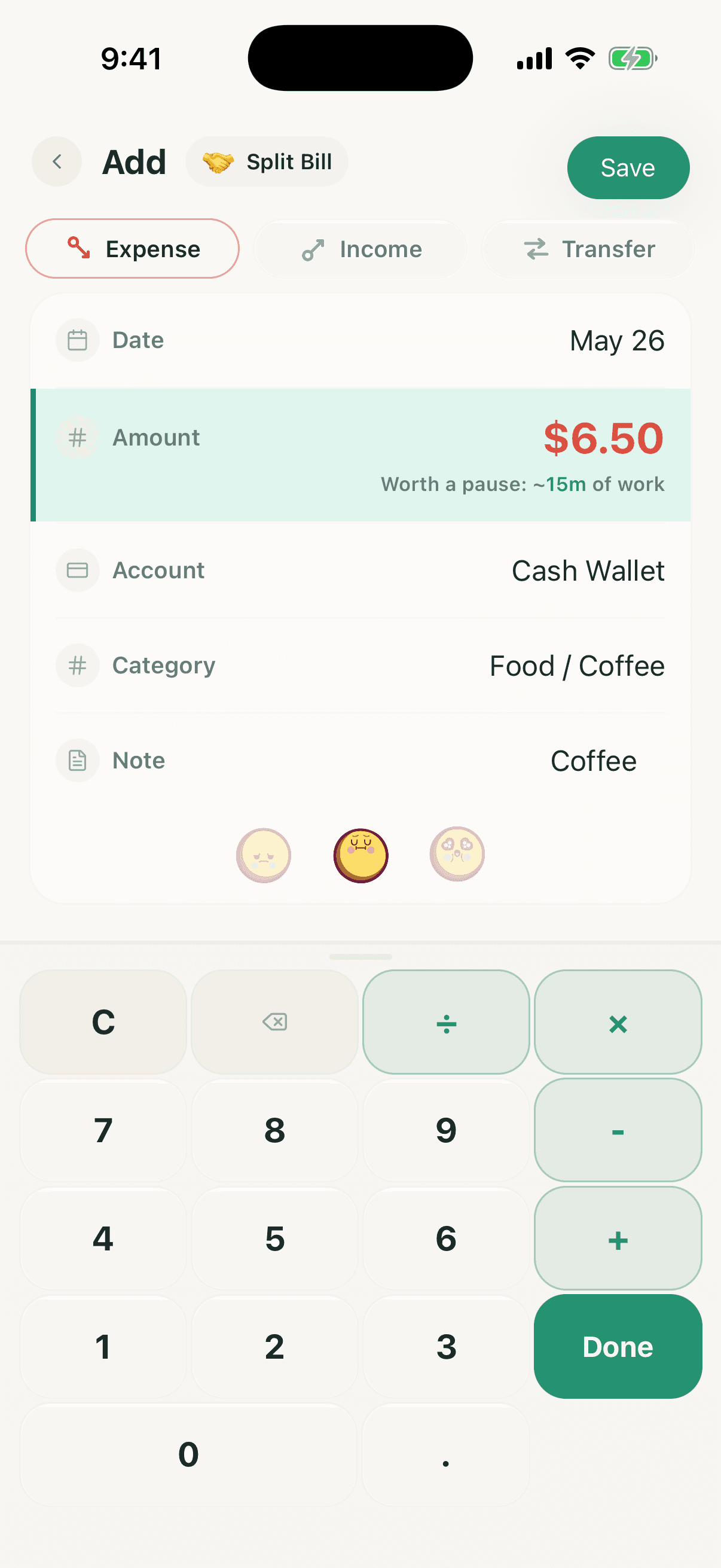 Tangkapan skrin Money2Time yang menunjukkan borang tambah belanja penuh dengan bahagi bil dan pad kekunci