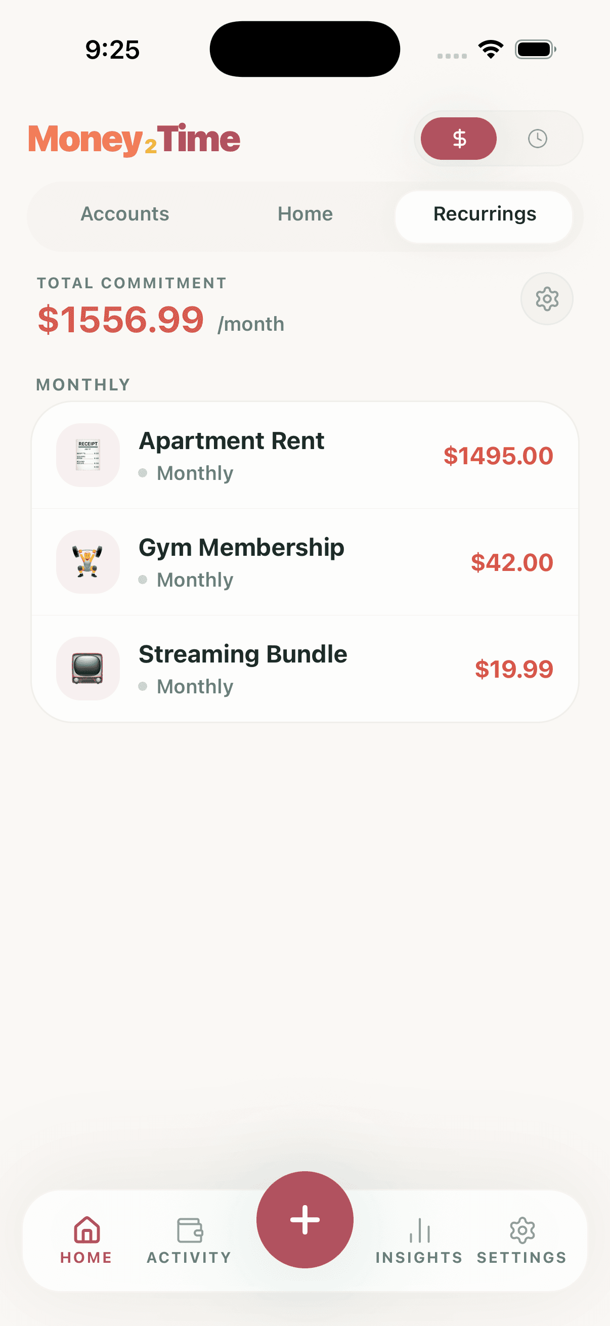 Money2Time screenshot showing recurring expenses